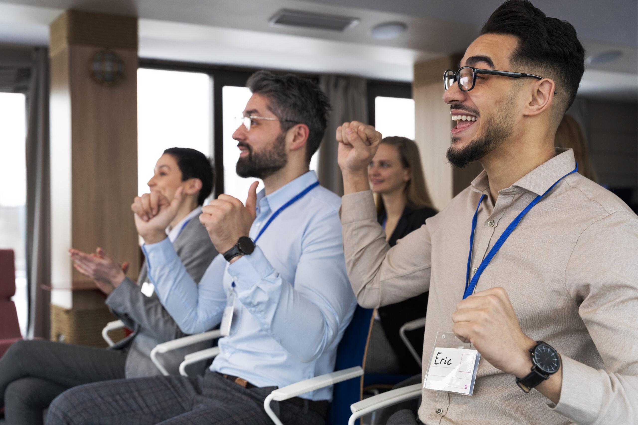 Corporate event attendees having fun conversation